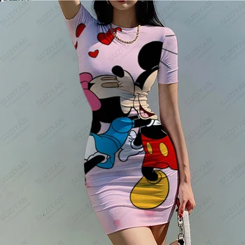 Disney Yaz Moda Sıcak Satış Yeni kadın Baskı Slim Fit Elbise Minnie Mickey Kısa Kollu Sıkı Rahat Parti Elbise