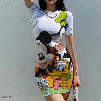 Disney Yaz Moda Sıcak Satış Yeni kadın Baskı Slim Fit Elbise Minnie Mickey Kısa Kollu Sıkı Rahat Parti Elbise