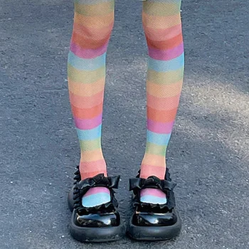 Kore file çoraplar Kadın Gökkuşağı Ince diz üstü çorap Kadın Seksi Elastik Örgü Çorap Calcetine Medya Uzun Çorap Kızlar