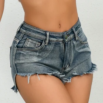 Seksi Yüksek Bel Kadın Kot Şort 2023 Yaz Denim Kumaş Kırık Delik Ekleme düzensiz Şort Bayanlar Sıska Süper Kısa Jean