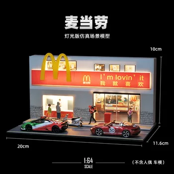 1/64 Ölçekli Diorama Araba Garaj Modeli LED Aydınlatma Otopark Şehir Sokak Binası 711 Dükkanı Zemin Ekran Sahne Modeli Oyuncak