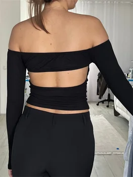 Moda Kadın Slash Boyun Kapalı omuz T-Shirt Kırpma Üstleri Uzun Kollu Katı Backless Kesme Slim Fit Taban T-Shirt Streetwear