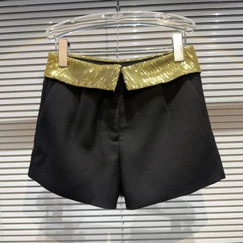 BORVEMAYS Turnup Sequins Pantolon Patchwork İnce Rahat Yüksek Bel 2023 Sonbahar Yeni Kadın Trend moda pantolon WZ5134