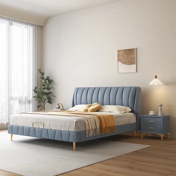 Modern Yumuşak Yatak Çerçeveleri Seti Odası mobilya seti Lüks Benzersiz Kumaş Çıtalı Kral Kraliçe Boyutu Ahşap Yatak Çerçeve ile