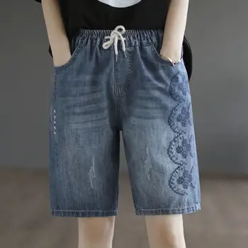 Yaz Yeni Dantel-Up Elastik Bel Kot Kadın Gevşek Vintage Nakış Pamuk Elastik Beş Noktalı Düz Bacak Pantolon