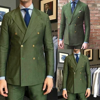 Moda Kruvaze Takım Elbise Erkekler Masculino Blazer Terno Kostüm Tepe Yaka Yeşil Düzenli Kıyafetler Ceket Pantolon İki Parçalı