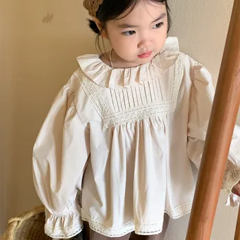 geyik jonmi 2023 Sonbahar Yeni Kore Tarzı Bebek Kız Ruffles Bluzlar Dantel Pilili Puf Kollu Üstleri Toddlers Çocuklar Casual Gömlek
