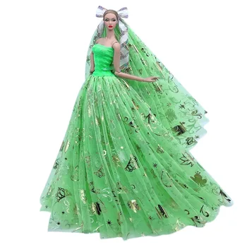 Yüksek kaliteli Yeşil düğün elbisesi İçin barbie bebek Kıyafetler ve Peçe Elbise Çiçek Parti Elbisesi El Yapımı 1/6 Bebek Aksesuarları Oyuncaklar