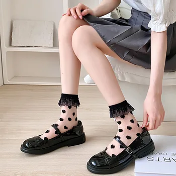 Siyah Ve Beyaz Lolita Dantel Çorap Kadınlar İçin Şeffaf Kristal Cam İpek Nokta Aşk Kalp Pamuk Taban Yaz İnce JK Çorap