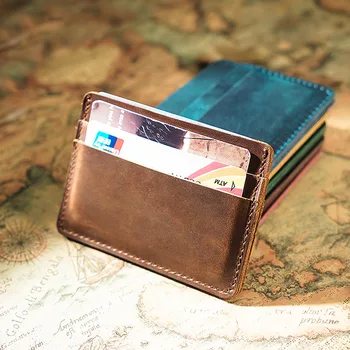 Orijinal basit çılgın at deri vintage erkek rahat inek derisi cüzdan kart klibi