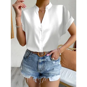 Zarif Kadın Bluz 2023 Yaz Basit Üstleri Katı Slim Fit V Yaka Düğmesi Ofis Banliyö Kadın Beyaz Gömlek S-XXL