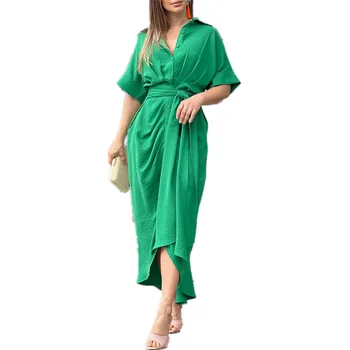 Bayan Uzun Elbiseler Moda Commuting Shirtdresses Düz Renk Rahat Zarif Elbise Kadınlar için Yeni Yaz Ofis Elbiseler