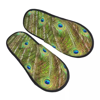 Ev Terlik Kapalı Yatak odası Terlik Tavuskuşu Yeşil Ve Mavi Tüyleri Yumuşak Flip Flop Kürklü peluş ayakkabı