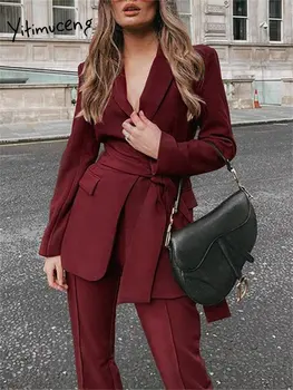 Yitimuceng Blazer Takım Elbise Kadınlar için 2023 Yeni Moda Ofis Bayanlar Uzun Kollu Blazer Kadınlar Katı Gevşek Lace up Uzun Pantolon Y2k Takım Elbise