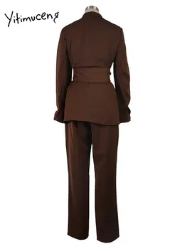 Yitimuceng Blazer Takım Elbise Kadınlar için 2023 Yeni Moda Ofis Bayanlar Uzun Kollu Blazer Kadınlar Katı Gevşek Lace up Uzun Pantolon Y2k Takım Elbise