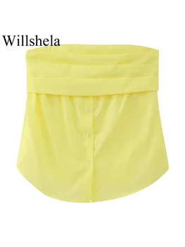 Willshela Kadın Moda Katı Pileli Tek Göğüslü Yan Fermuar Korse Üst Vintage Straplez Slash Boyun Kadın Chic kadın bluzları