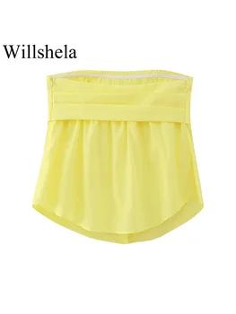 Willshela Kadın Moda Katı Pileli Tek Göğüslü Yan Fermuar Korse Üst Vintage Straplez Slash Boyun Kadın Chic kadın bluzları