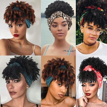 Kafa bandı kahküllü peruk Afro Kinky Kıvırcık Peruk Sentetik İsıya Dayanıklı Doğal Tutkalsız Saç Kısa Dalgalı Peruk Siyah Kadınlar İçin