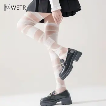 1 Çift Beyaz Bandaj Cam Yünü Şeffaf Diz Çorap Kadın Japon Lolita Yaz Çapraz Sapanlar Seksi Yığınları Beyaz Çorap
