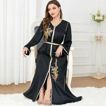 Zarif Yaz Müslüman Kadınlar Uzun Kollu V Yaka Uzun Kollu Polyester Siyah Uzun Çarşafımın Müslüman Moda Elbiseler M-2XL Abaya Elbise
