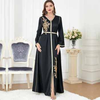 Zarif Yaz Müslüman Kadınlar Uzun Kollu V Yaka Uzun Kollu Polyester Siyah Uzun Çarşafımın Müslüman Moda Elbiseler M-2XL Abaya Elbise
