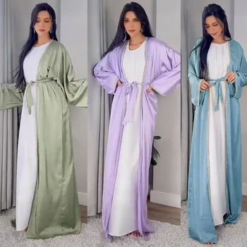 Lüks Kristal Kaftan 2 Parça Setleri müslüman çarşafımın Kadın Saten uzun elbise İslam Giyim Ramazan Bayram Dubai Robe Fas Jalabiya