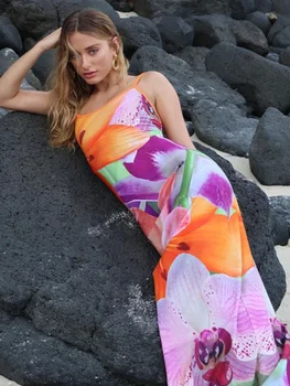 Baskılı Çiçek Kayma Elbise Kadın Moda Kolsuz Backless Longuette Yaz Yeni Kadın Tatil Plaj Elbiseleri