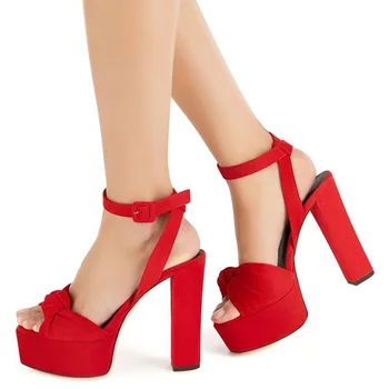 Artı Boyutu 45 Kadife Tıknaz Topuklu Sandalet Ayak Bileği Kayışı Yüksek Platformu Yaz Ayakkabı Cut-out Toka Askı Düğün parti ayakkabıları