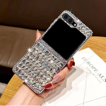 Lüks Bling elmas taklidi telefon kılıfı için Samsung Galaxy Z Flip 5 4 3 DIY elmas sert PC arka kapak