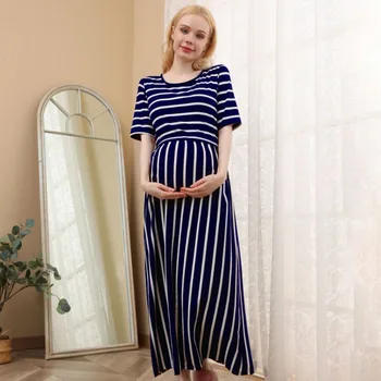 Annelik Maxi Elbise Moda Hamile kadın Çizgili Yuvarlak Boyun Emzirme Elbise Yaz Rahat ve Nefes Alabilir