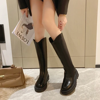 Kadın Uzun Çizmeler 2023 Yeni Kahverengi Orta Topuk Yastıklı siyah ayakkabı Kış Modelleri Bej kadın Uzun Şövalye Çizmeler moda botas