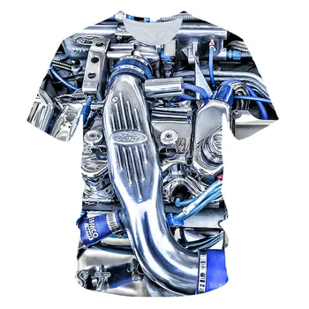 2023 Yeni Yaz erkek 3D baskılı motosiklet iç tasarım retro mekanik kısa kollu yaka eğlenceli Büyük Boy grafikli tişört