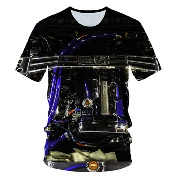 2023 Yeni Yaz erkek 3D baskılı motosiklet iç tasarım retro mekanik kısa kollu yaka eğlenceli Büyük Boy grafikli tişört