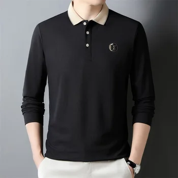 MLSHP Nakış Golf erkek polo gömlekler Lüks Uzun Kollu Bahar Sonbahar Düz Renk Iş Rahat Klasikleri erkek tişörtleri