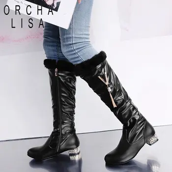 ORCHA LISA Tatlı Kadın Diz Yüksek Çizmeler 36 cm Yuvarlak Topuklu 3 cm Fermuar Kolye Metal Dekorasyon Küçük Boyutu 32 33 Moda Günlük Ganimet