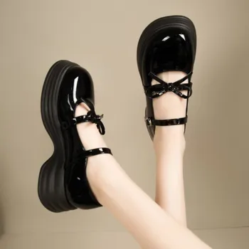Lolita Ayakkabı kadın Düz Platformu Patent deri ayakkabı Yuvarlak Ayak Mary Janes Ayakkabı Yay Tasarımcı Kalın Taban Kızlar Ayakkabı 1533N