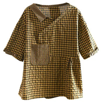 Yaz Ekose Kadın T shirt 2023 Yeni Retro İnce pamuklu bluz V Yaka Kısa kollu moda kadın bluzları YoYiKamomo