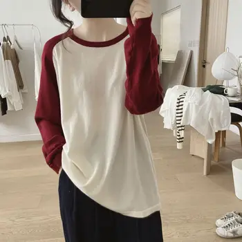 Yeni Bayan T-Shirt Yaz Giyim Düz Renk Patchwork Kız Gömlek Tees Uzun Kollu Casual O-Boyun kadın Kazak Tops M379