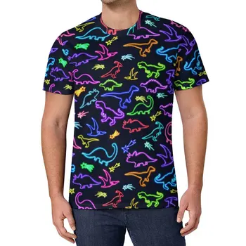 Neon Dinozor Baskı T-Shirt Renkli Çizgiler Streetwear T Shirt serin tişört Gömlek Adam Özel Giysi Artı Boyutu 5XL 6XL