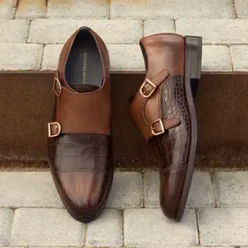 Yeni Kahverengi Erkek Keşiş Ayakkabı PU Yuvarlak Kafa Timsah Desen Çift Toka Moda Iş Rahat Günlük Elbise Ayakkabı Boyutu 38-48