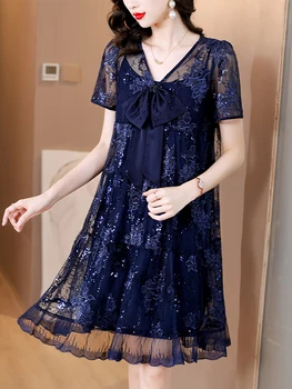 Kadın Mavi Nakış Çiçek Şık Sequins Midi Elbise Yaz Zarif Örgü Şeffaf Seksi Elbise 2023 Kore Vintage fırfırlı elbiseler