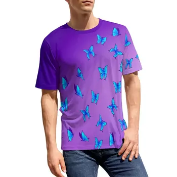 Kelebek Baskı T-Shirt Mavi Mor Komik T-Shirt Crewneck Hippi Tshirt Premium Erkekler Grafik En Tees Artı Boyutu
