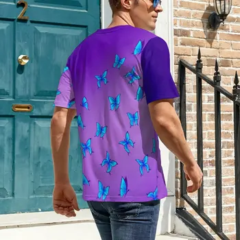 Kelebek Baskı T-Shirt Mavi Mor Komik T-Shirt Crewneck Hippi Tshirt Premium Erkekler Grafik En Tees Artı Boyutu