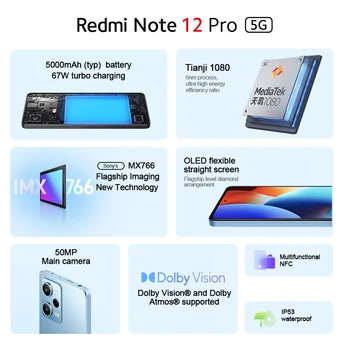 Küresel ROM Xiaomi Redmi Not 12 Pro 5G Akıllı Telefon 128/256GB 6.6 