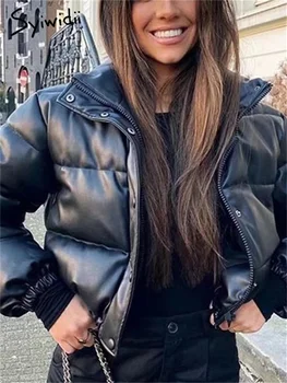 Syiwidii Deri Parkas Kadınlar için Sonbahar Kış 2023 Moda Standı Yaka Fermuarlar Ceketler Vintage Uzun Kollu Gevşek Katı Mont