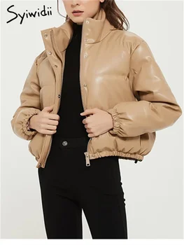 Syiwidii Deri Parkas Kadınlar için Sonbahar Kış 2023 Moda Standı Yaka Fermuarlar Ceketler Vintage Uzun Kollu Gevşek Katı Mont