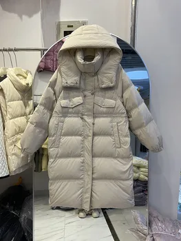 2023 Yeni Kış Moda Gevşek şişme ceket kadınlar Kalınlaşmak Beyaz Ördek uzun kaban Bayanlar Sıcak Kapşonlu Uzun Giyim Kadın Parkas