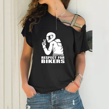 Saygı Biker Karikatür Mektup Baskı Gevşek düzensiz tişört Kadınlar Seksi Eğik Boyun Çapraz Bandaj Üstleri Kadın Sevgilisi Hediye
