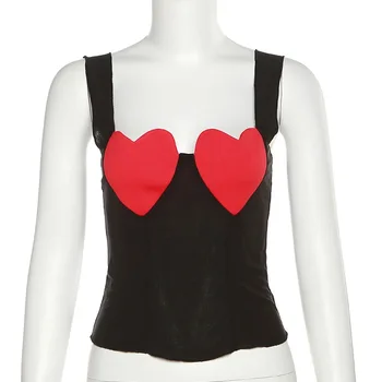 COCOTHIA Spagetti Kayışı Kolsuz Sevgi Dolu Kalp Kontrast Renk Backless Kırpma Üst Kadın İlkbahar Yaz Trend Streetwear