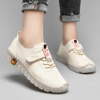 Kadın Platformu Loafer'lar Lace Up Deri Vintage nefes ayakkabı İçi Boş Slip-On Yeni Moda Düz Rahat El Yapımı Yumuşak anne ayakkabısı